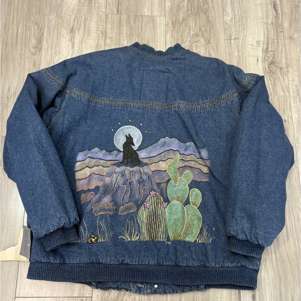 OOAK Hand Painted Southwest Vintage 90s Denim Jacket Womens Lined Beads Cactus